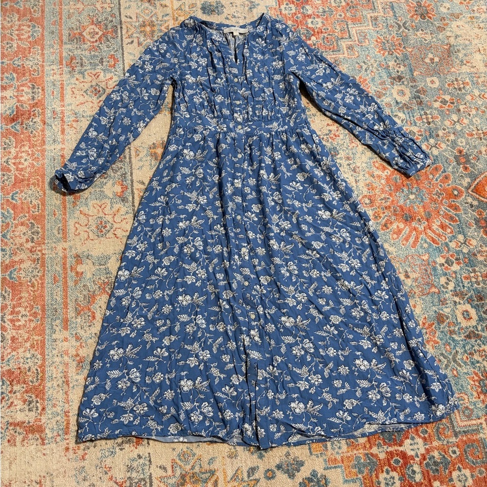 Loft floral midi button-down blue and white long-sleeve dress